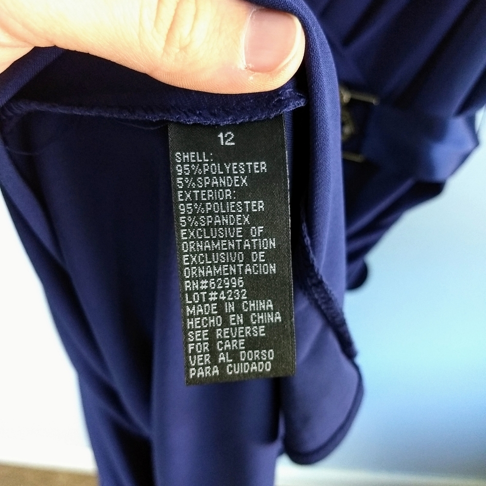 Scarlett Nite Dark Blue Fit-&-Flare Deep V-neck Dress w/ Embellished Ribbon Belt - Picture 7 of 8